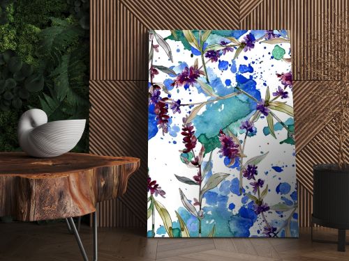 Purple lavender floral botanical flowers. Wild spring leaf wildflower. Watercolor illustration set. Watercolour drawing fashion aquarelle. Seamless background pattern. Fabric wallpaper print texture.
