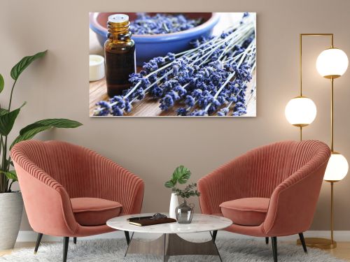 Dried lavender herb and essential aromatherapy oil