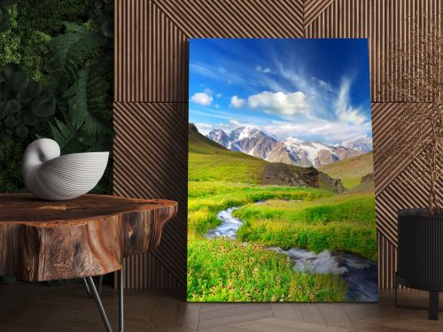 River in mountain valley with bright meadow. Natural summer landscape