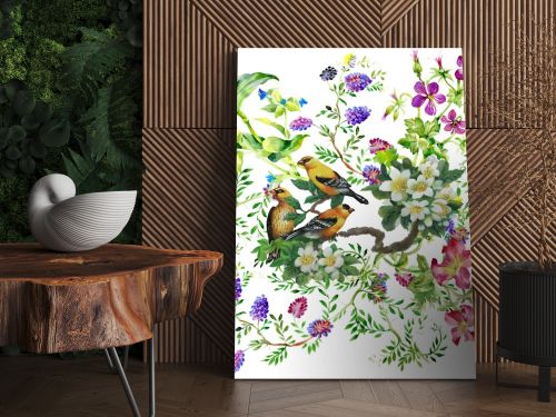 Tropical birds with on blooming tree