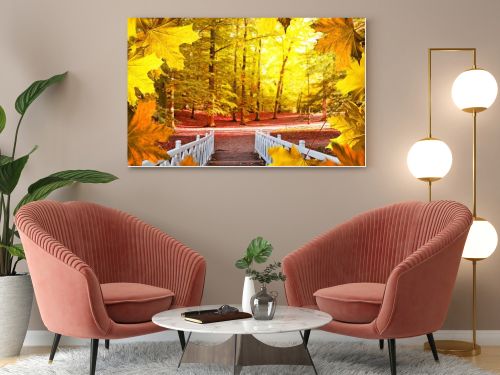 Autumn background. White small bridge in the park.