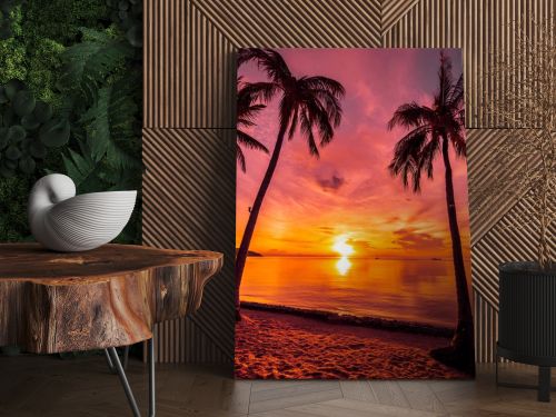 At sunset time on the tropical paradise island beach and sea with coconut palm tree for holiday and vacation
