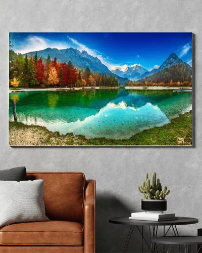 Jasna lake with beautiful reflections of the mountains. Triglav National Park, Slovenia. Panoramic view