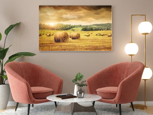 Field of freshly bales of hay with beautiful sunset