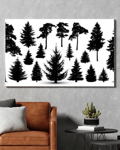 Trees forest set, vector. Silhouette of pine, spruce