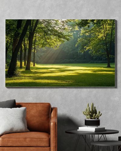 serene forest scene with sunlight filtering through trees, creating peaceful atmosphere.