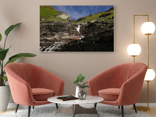 beautiful waterfall on scenic rocks in Indian Himalayas, Rohtang Pass 