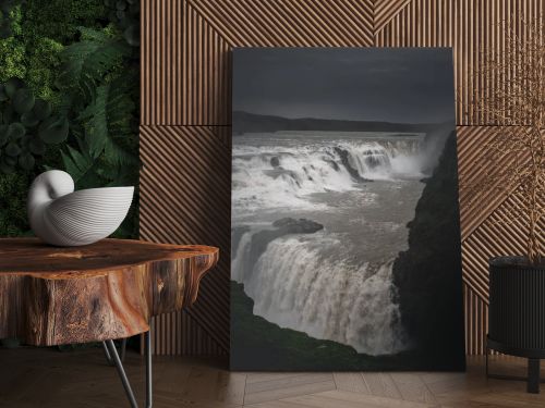 landscape with big majestic Gullfoss waterfall in mountains, Iceland