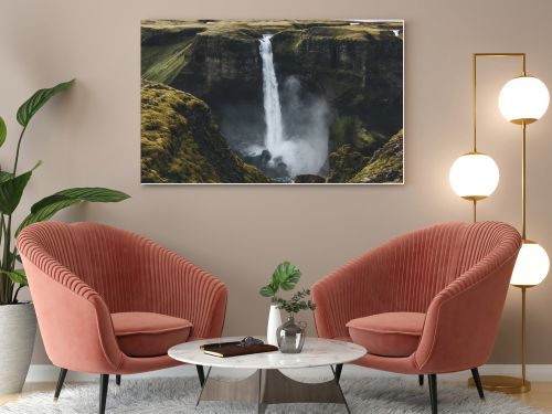 aerial view of icelandic landscape with beautiful Haifoss waterfall