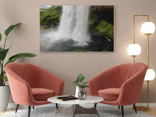 close up view of Seljalandsfoss waterfall in highlands in Iceland 