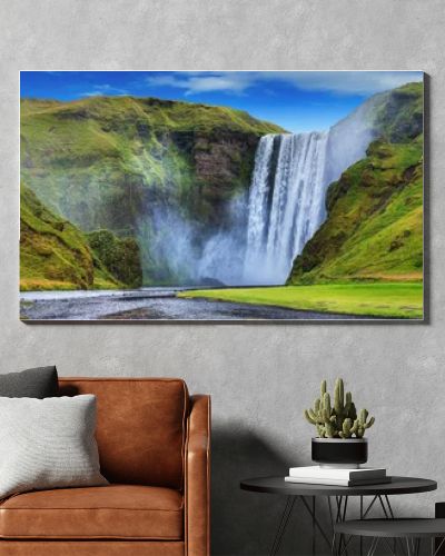 Ganeral view of the Seljalandsfoss falls, Iceland. Panorama