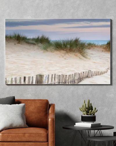 Panorama landscape of sand dunes system on beach at sunrise