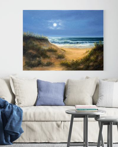 Original  oil painting of ocean beach dunes in the night.Moon and stars on canvas.Modern Impressionism, modernism,marinis