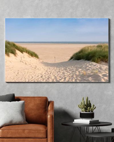 dunes and beach on dutch island of texel on sunny day with blue sky