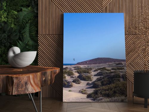El Medano, Tenerife, Spain  March 1, 2026: Kite surfers riding the waves near sandy dunes of El Medano beach on a windy day. Colorful kites in the blue sky over the Atlantic Ocean, popular destination for water sports and windsurfing in the Canary