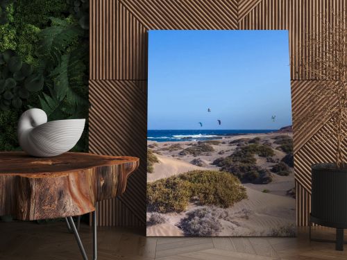 El Medano, Tenerife, Spain  March 1, 2026: Kite surfers riding the waves near sandy dunes of El Medano beach on a windy day. Colorful kites in the blue sky over the Atlantic Ocean, popular destination for water sports and windsurfing in the Canary