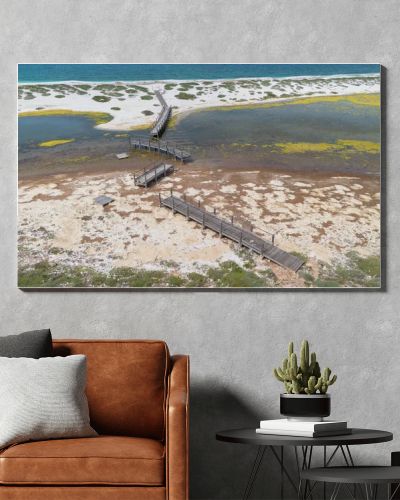 Coastal Wetland Landscape With Wooden Walkway And Sand Dunes in Mari Ermi Cabras