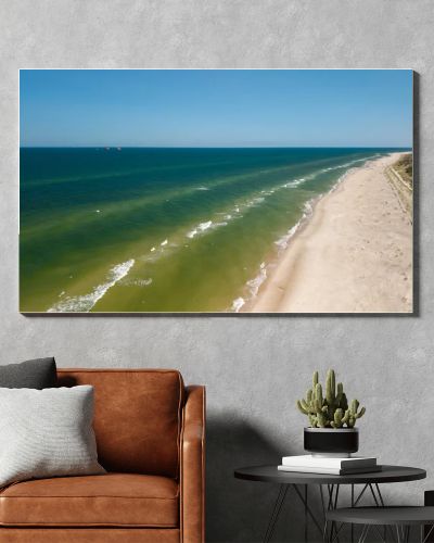 Aerial drone view of long sandy beach and green Baltic Sea coastline with pine forest  summer coastal landscape photography