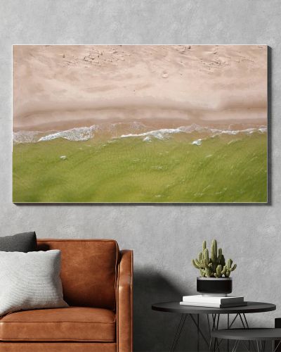 Top-down drone view of empty sandy beach, green sea waves and pine forest on the Baltic coast  natural coastal landscape photography