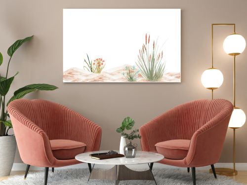 Sandy coastal dunes with wild grasses, flowers watercolor seamless landscape border. Hand painted composition isolated on white for botanical design, boho decor, coastal branding and summer layouts.