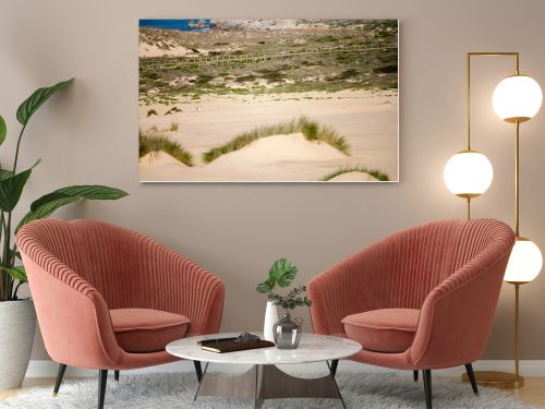 Open sandy coastal plain with low vegetation and Atlantic Ocean in the background near Guincho Cascais Portugal.