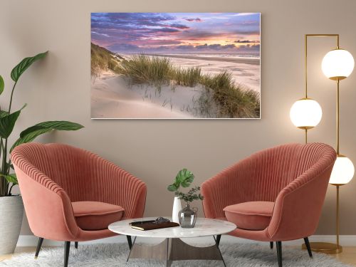 Sunset View from dune top over North Sea from the island of Ameland, Friesland, Netherlands
