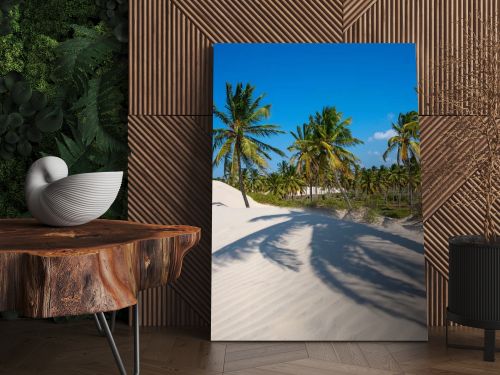 White sand dunes and coconut trees in Acarau, Ceara, Brazil on September 4, 2019
