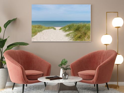 German Baltic Sea coast with sand dunes, grass, water and sky