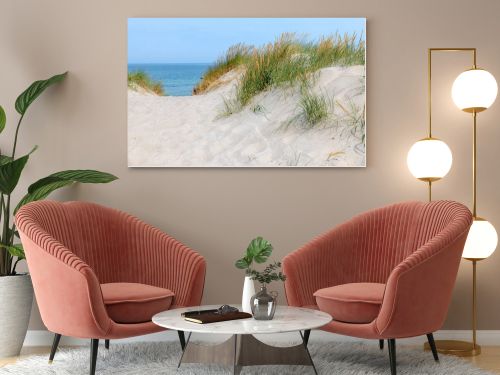 German Baltic Sea coast with sand dunes, grass, water and sky