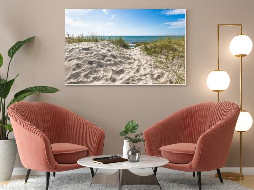Baltic coast seascape featuring clean sand dunes, sea grass, and a calm horizon in bright natural light.