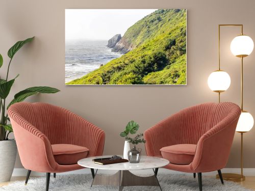 This breathtaking coastal landscape captures golden grassy sand dunes under bright sunlight, rolling toward a mist-covered beach. The scene blends textures of sand, grass, and ocean waves for a serene, natural beauty.