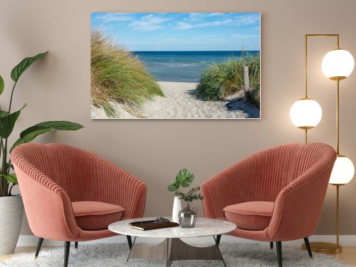 Path between the sand dunes overlooking the sea  with blue sky