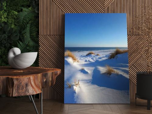 snow, dunes, north sea, blue sky, winter