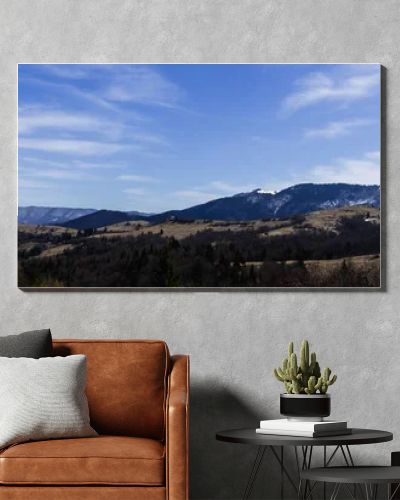 Mountains with forest and blue sky at background, banner 