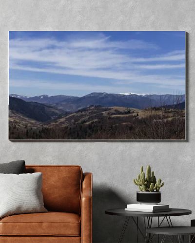 Scenic view of mountains and sky with clouds at daytime, banner 