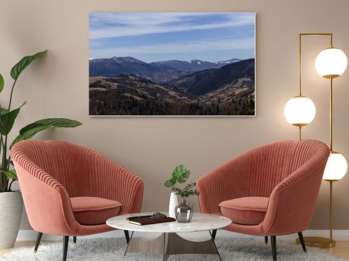 Scenic view of spruce trees on hills and mountains at background 