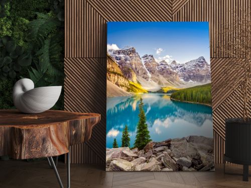 Landscape view of Moraine lake in Canadian Rocky Mountains