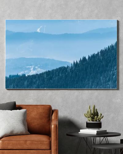 scenic view of snowy mountains with pine trees and white fluffy clouds, panoramic shot