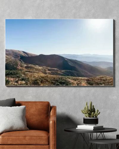 panoramic view of beautiful mountains landscape on sunny day, Carpathians, Ukraine