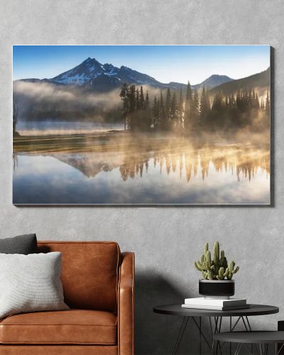 scenic view of landscape with sky reflecting in lake with trees in background