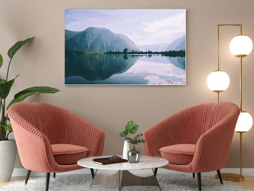 painted blue sky with clouds and mountains and lake 