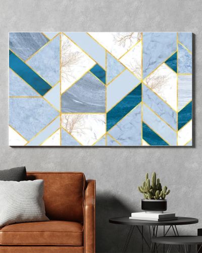 Tile background in blue and gray marble tiles with golden lines and trees