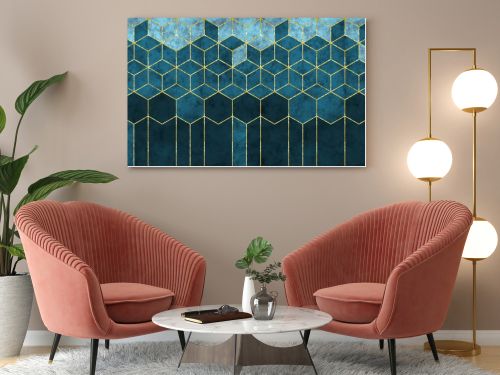 Modern abstract wall decor wallpaper. 3d illustration, golden lines, and dark navy blue and black cubes shapes. living room and bedroom decoration