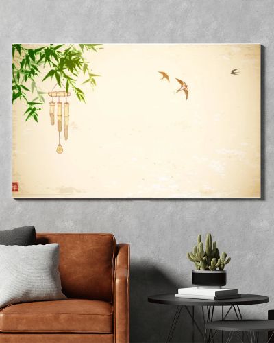 Bamboo wind chime hanging on green bamboo tree and swallows in the sky. Traditional oriental ink painting sumi-e, u-sin, go-hua on vintage background. Hieroglyph - zen.