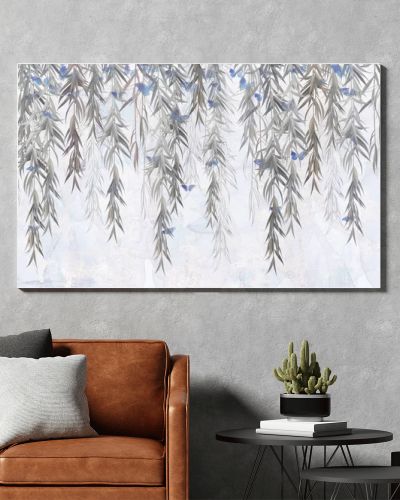 Photo wallpaper, wallpaper, mural design in the loft, classic, modern style. Willow branches with butterflies on a concrete grunge wall. Design for wallpaper, photo wallpaper, mural, card, postcard.