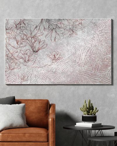 Floral background on a grey wall. Drawn flowers on a concrete background. Wall mural with magnolia flowers and geometry. Design for wall mural, postcard, wallpaper, photo wallpaper.