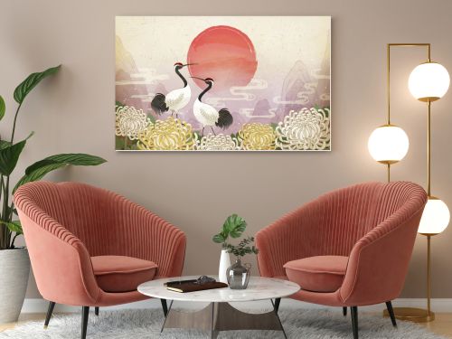 Double ninth festival with red crowned crane and chrysanthemum background