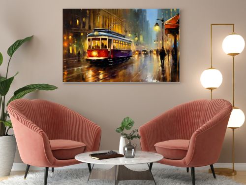 Tram in old city, oil paintings landscape