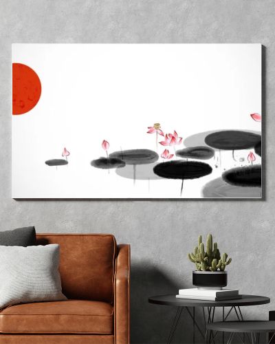 Big red sun over the calm lotus pond. Traditional oriental ink painting sumi-e, u-sin, go-hua. Translation of hieroglyph - flower.