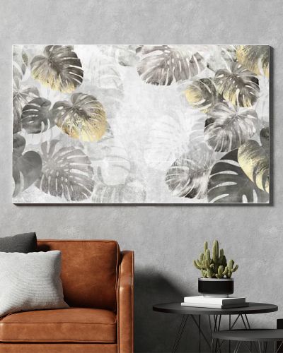 Monstera leaves gold with concrette background wallpaper